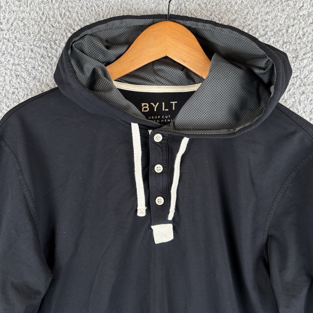 BYLT Hoodie Mens‎ Medium Black Drop Cut Hooded Henley Lux Performance